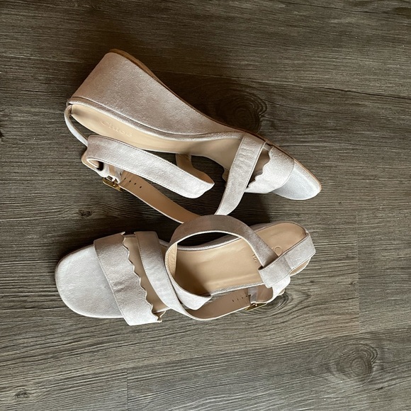 New Chloe grey suede ankle strap scalloped wedges